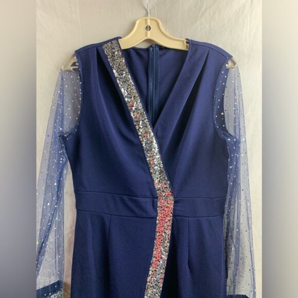 Navy Blue Mesh Sleeve Sequin Wide Leg Jumpsuit - Picture 7 of 8